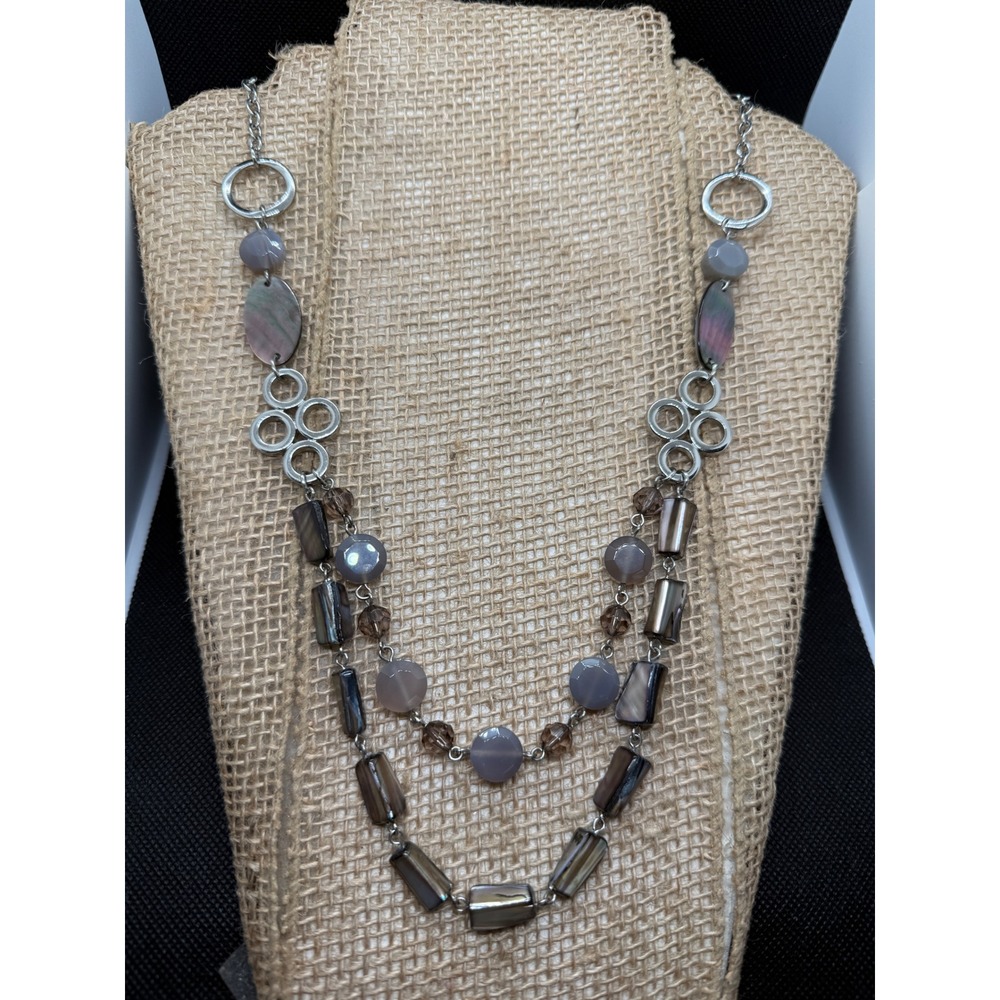 Lia Sophia Grey Abalone Shell Double Strand Layered Necklace Silver Tone Beaded